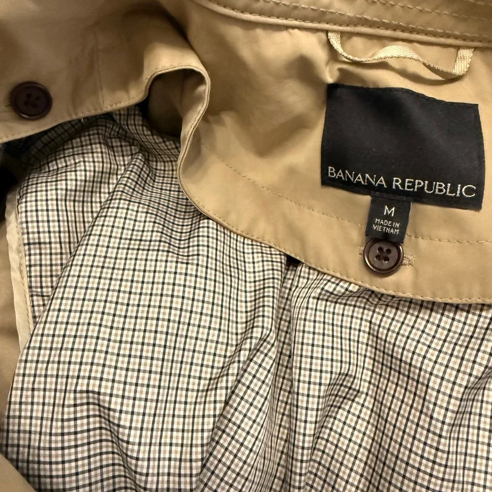 Banana Republic Mens Khaki Double Breasted Trench Coat Belted Plaid Lining M